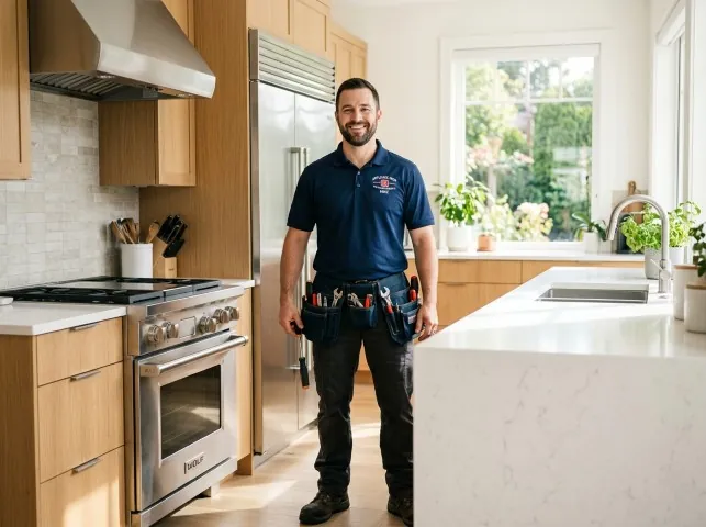 Appliance Repair Hero technician in a Bristol, RI kitchen after an appliance repair